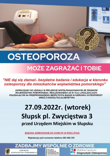 Grafika przedstawia plakat zapraszający do skorzystania z badań w kierunku osteoporozy.